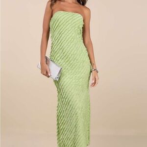 Lulu's Faelyn Light Green Strapless Ruffled Midi Dress